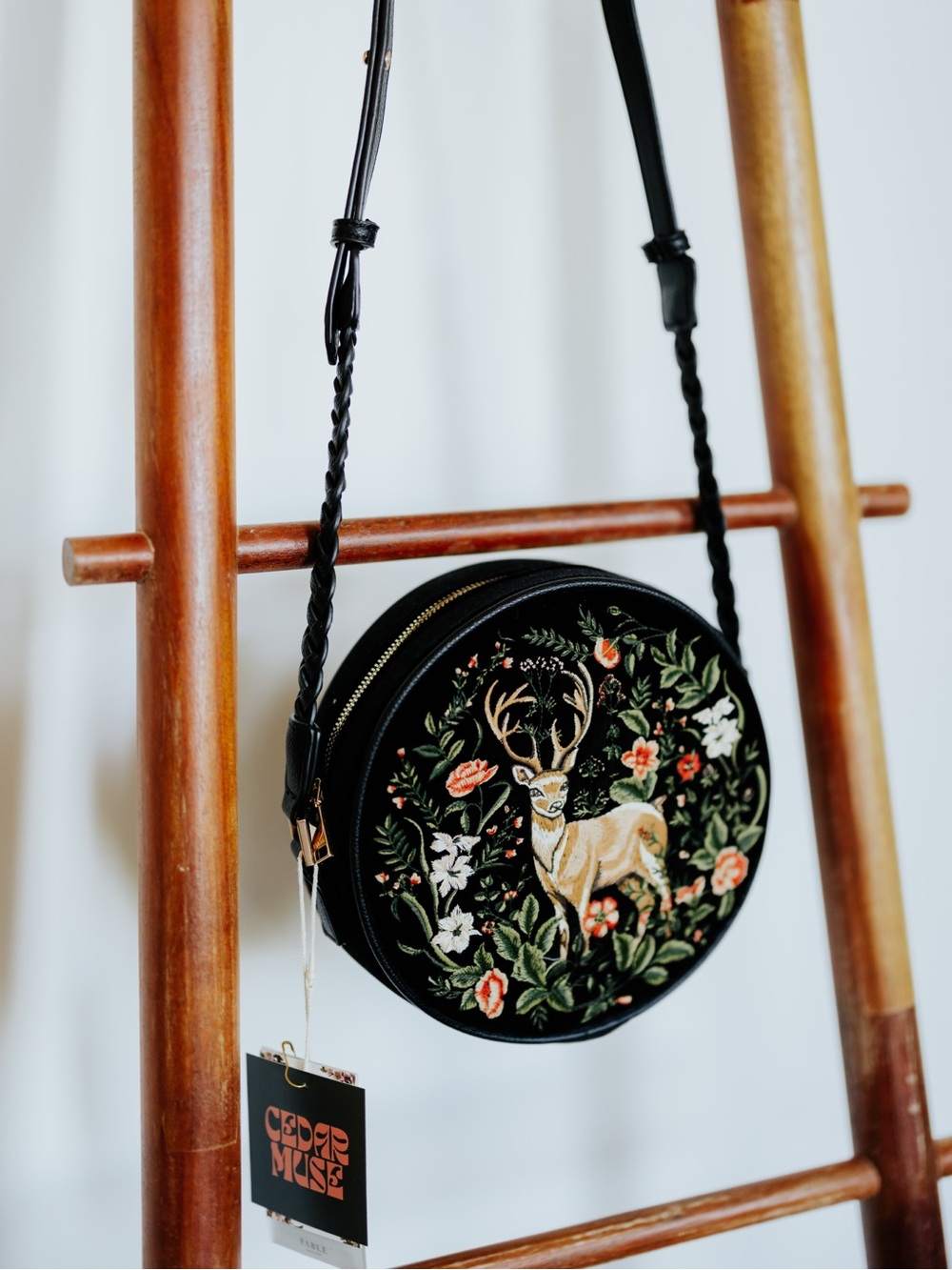 Aurora Fawn Embroidered Black Circle Bag NWT